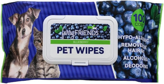 FurryFriends Pet Wipes | Blueberry Scented | Hypo-allergenic | Alcohol Free| Deodorizing | Removes Loose Hair & Dirt | Incredibly Clean | 100 ct. 1 Pack