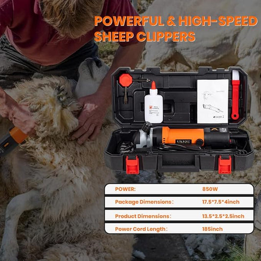 Sheep Shears Electric 850W Professional Heavy Duty Shearing Clipper with 6 Speed, for Shaving Fur Wool in Sheep, Goat, Cattle, and Other Farm Livestock Pet, with Carrying Case and Spare Blade