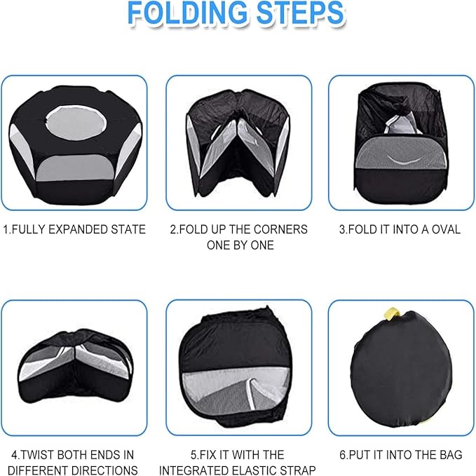 Small Animal Playpen,Portable Small Animal Cage Tent Breathable Pet Playpen Cage Tent Pop-Up Outdoor&Indoor Exercise Fence for Hamster Guinea Pig Rabbit Puppy Hedgehog (Black with Cover)