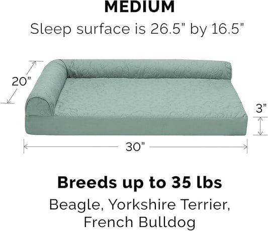 Furhaven Memory Foam Dog Bed for Medium/Small Dogs w/ Removable Bolsters & Washable Cover, For Dogs Up to 35 lbs - Pinsonic Quilted Paw L Shaped Chaise - Iceberg Green, Medium