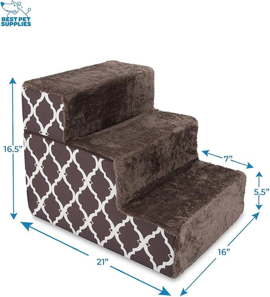 Best Pet Supplies Portable Foldable Foam Pet Stairs/Steps for Couch, Sofa, and High Bed, Non-Slip Bottom Balanced Paw Safe - Brown Lattice Print, Foldable 3-Step (H: 16.5")