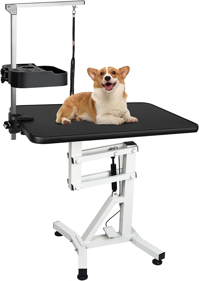 31" Dog Grooming Table, Pneumatic Lift Adjustable Small Pet Trimming Station for Home with Anti-Skid Rubber and Rotatable Desktop (Up to 50lbs)