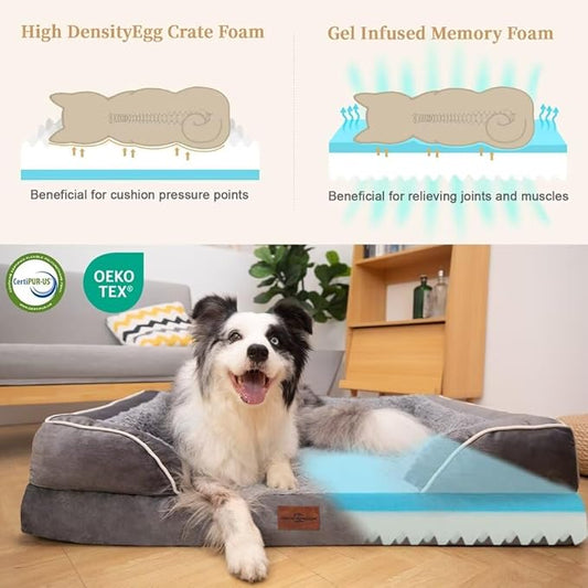 Cooling Dog Bed for Large Dogs, Orthopedic Memory Foam Dog Bed, Waterproof Dog Beds, Washable Dog Bed with Removable Cover,Pet Bed Dog Sofa with Bolster(Large,Silver Grey)