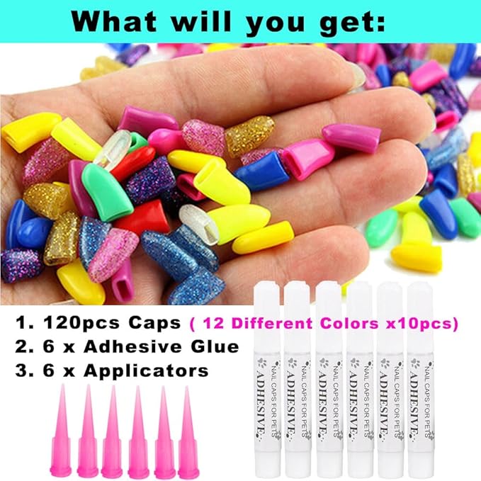 VICTHY 120pcs (12 Colors) Dog Nail Caps | Dog Claw Covers Dog Nail Covers with Adhesives Glue and Applicators(XXL)