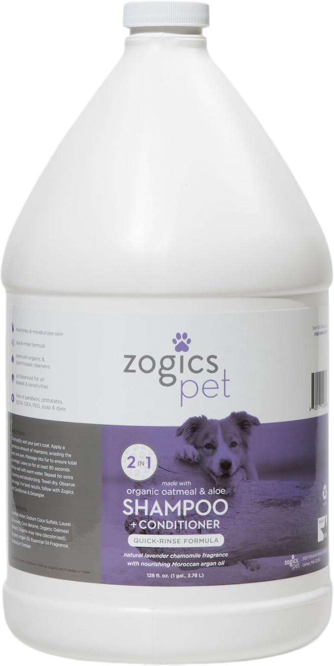 2 in 1 Dog Shampoo – Gentle Pet Shampoo and Conditioner with Organic Oatmeal and Aloe, Hypoallergenic, Cruelty-Free and Nontoxic, Lavender Chamomile Scent (1 Gallon)