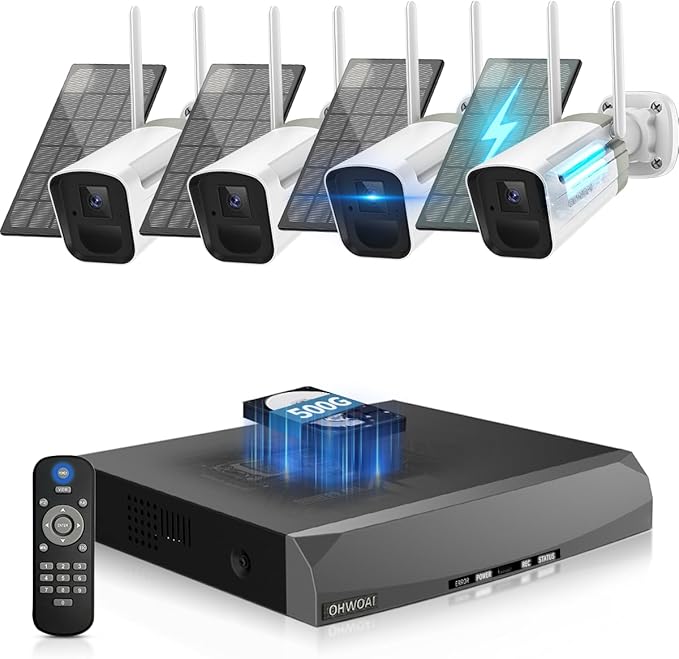 100% Solar Powered Wireless Outdoor Security Camera System, Wire-Free WiFi Cameras with PIR Motion Detection, Home Video Surveillance DVR Kits