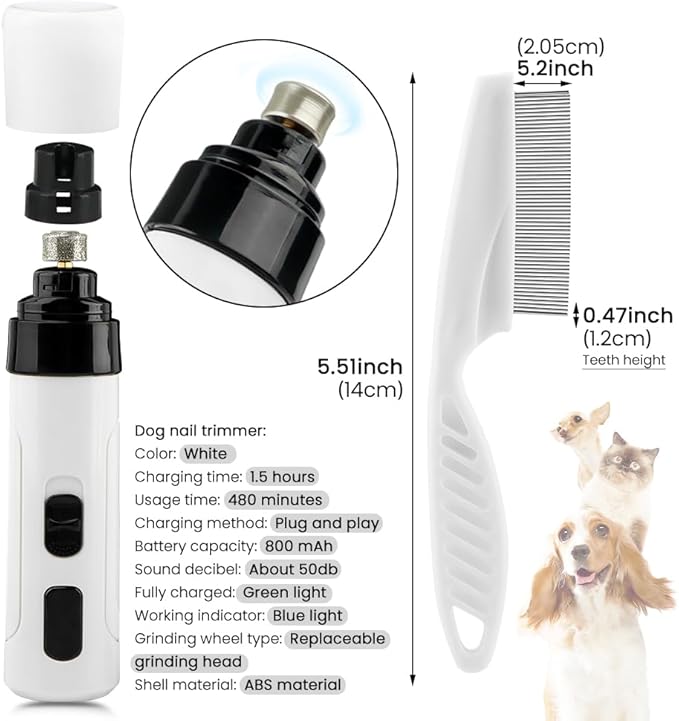 Dog Nail Grinder, 2024 New Silent Grind Pro Dog Nail Trimmer, Upgraded Powerful Electric Dog Nail File Quiet Painless, Rechargeable Nail Clippers Pet Paws Grooming Tool(White+Black)