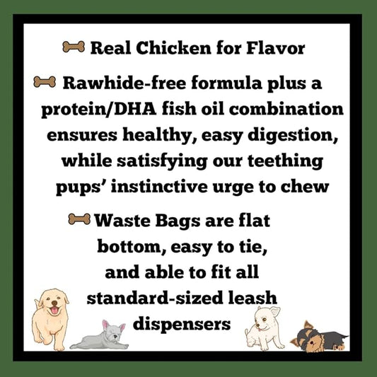 Dog Chews Bundles for Puppies and Small Dogs, Rawhide Free Alternative 5 inch Puppy Sticks Bundle with 1 Dog Waste Roll, Dental Treats for Moderate Chewers (Chicken, 10 Count)