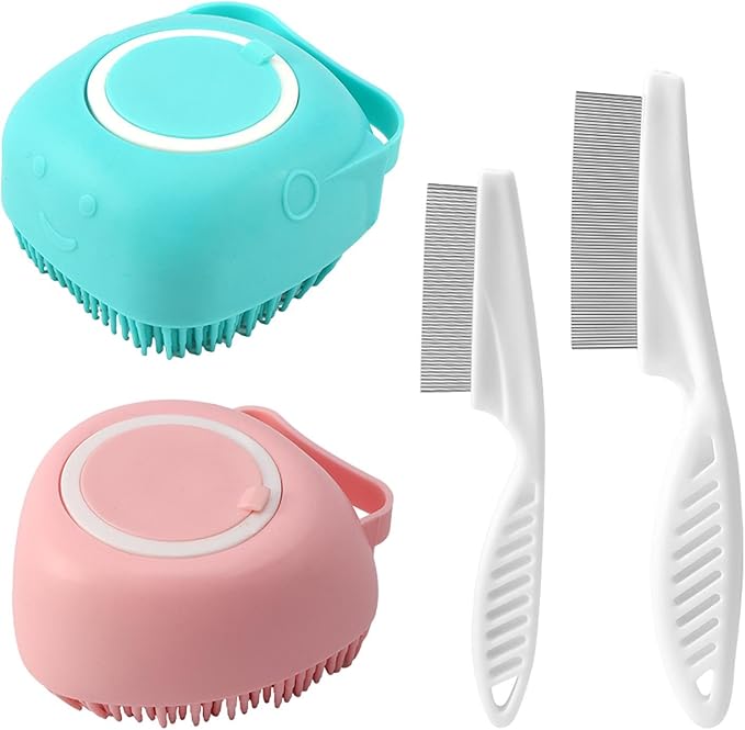 iayokocc 2Pcs Dog Cat Bath Brush Soft Silicone Dog/Puppy Massage Brush Hair Fur Grooming Cleaning Brush with Shampoo Dispenser,for Long Short Haired Pets,with 2Pcs Pet Flea Comb.