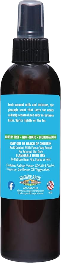 Showseason Bath & Brush Therapies® Pina Colada Pet Cologne 4.5 oz For Dogs | Long-Lasting Odor Eliminator | Paraben-Free | Biodegradable & Non-Toxic | Made in The USA