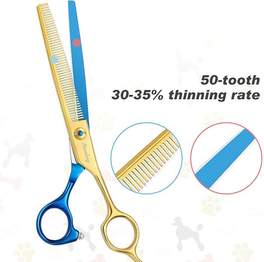 Dog Cat Scissors for Grooming, Pet Shears for Thick Coats and Matted Hair, Thinner Curved Straight Chunker Stainless Steel Shears