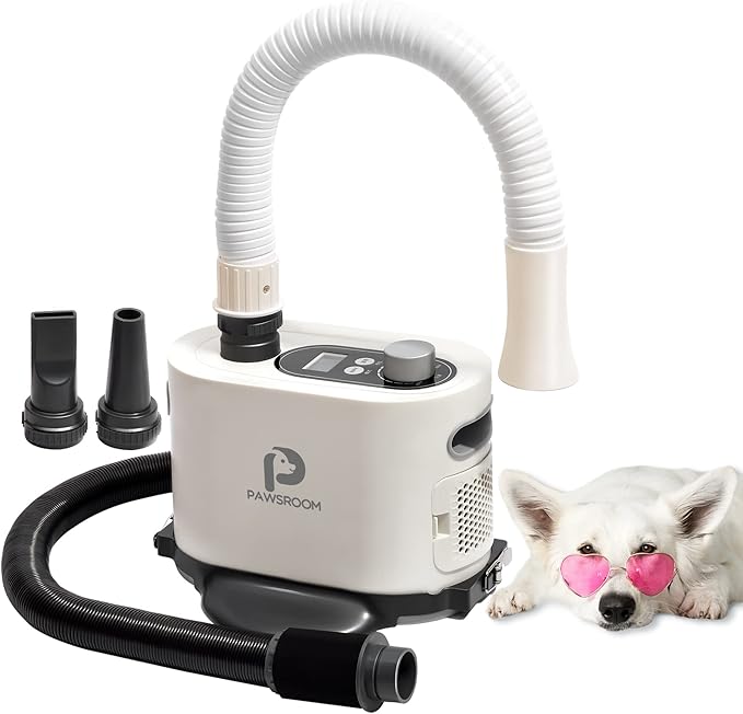 Free Hands Easy pet Grooming Dryer for Cats and Dogs & Drying Tool After Bath LCD Display 2 Soft&Hard Blowpipe Adjustable Temperature and Speed Quiet