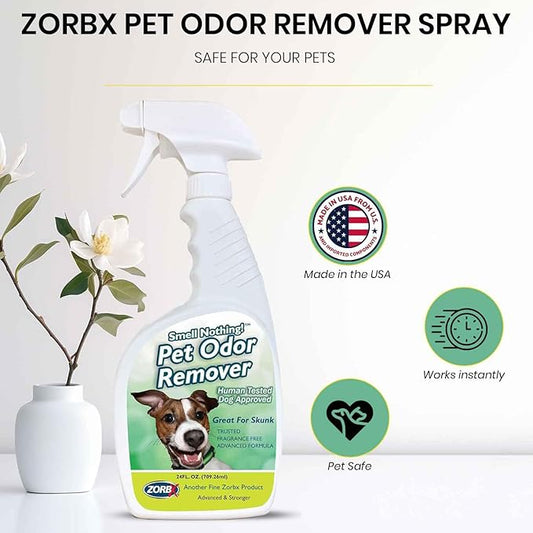 ZORBX Unscented Pet Odor Remover Spray 24 FL Oz – Perfume Free Strong Litter Odor Remover - Advanced Odor Control for Carpet, Bathroom & Urine Odors - Fast Acting Odor Remover Spray for Dogs & Cats