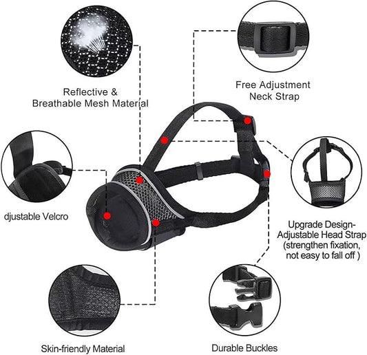 Black Dog Muzzle, Breathable Comfortable Mesh Muzzle for Dogs, Dog Training Muzzle, Anti-Biting, Anti-Barking, Anti-Chewing, Adjustable with Reflective Strap XS