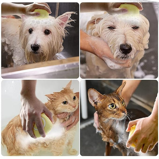 Sin American Dog Cat Bath Brush Comb Silicone Rubber Dog Grooming Brush Silicone Puppy Massage Brush Hair Fur Grooming Cleaning Brush Soft Shampoo Dispenser(Yellow)