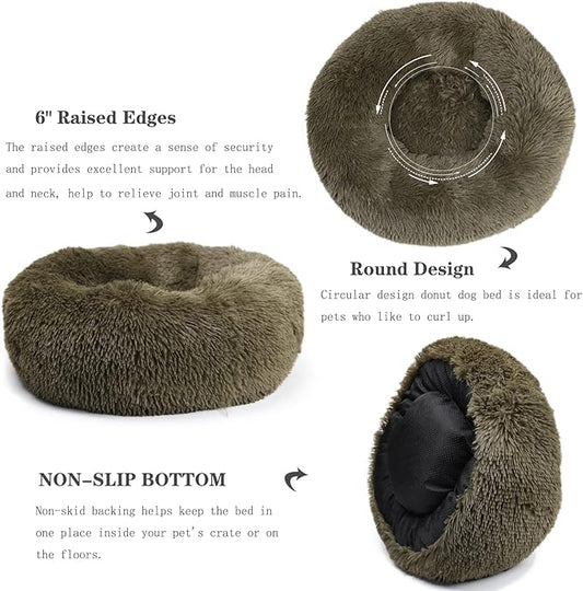 Small Dog Bed Calming Dogs Bed for Small Dogs Anti-Anxiety Puppy Bed Machine Washable Fluffy Luxury Anti-Slip Waterproof Mute Base Warming Cozy Soft Pet Round Bed