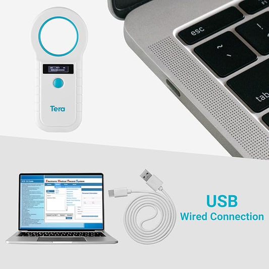 Tera Portable Pet Microchip Scanner - Animal Tag Reader with OLED Display Screen RFID Rechargeable Data Storage 2.4G Wireless & Wired USB EMID FDX-B(ISO11784/85) for Animal Management, White W90D