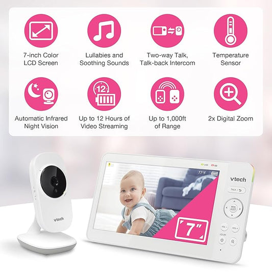 VTech Video Baby Monitor with 7" Color LCD Screen, Portable, Long Battery Life, Clear Audio/Video Quality, Secure Tranmission, No Wi-Fi, 2-Way Audio, Temperature Sensor, Travel Monitor: 819 Max