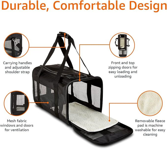 Amazon Basics Dogs and Cats Carrier, Soft Sided Pet Carrier, Black, Large, 50 cm L x 26 cm W x 28 cm H