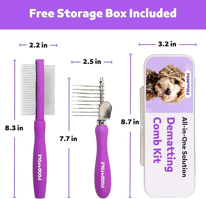 Pain-Free Dematting Comb Kit for Dogs & Cats, Dematting Rake & Detangling Dual-Side Comb Set, Dematting Brush for Dogs & Cats, Pet Grooming Tools Kit for Poodle Doodle & All Long Haired Pets