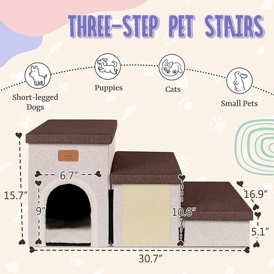 downluxe Dog Stairs for Small Dogs, Foldable Dog Steps for Bed, Sofa and Chair, Non-Slip Pet Steps with Cat Scratcher and Condo (3-Step Pet Stairs, Brown-Beige)