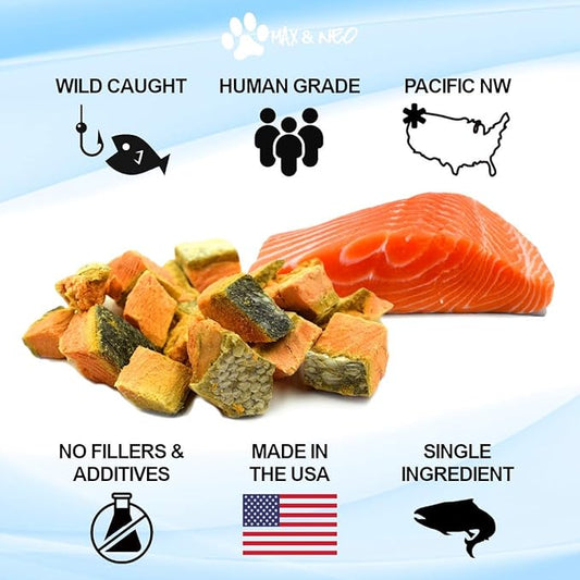 Max and Neo Freeze Dried Wild Caught Sockeye Salmon Dog Treats - Single Ingredient, Wild Caught Pacific Northwest Sockeye Salmon, Human Grade - We Donate 1 for 1 to Dog Rescues for Every Product Sold