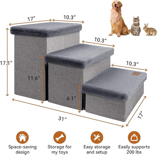 Dog Stairs with Furry Lids 17.5" H, 3-Step Wider Dog Steps with Storage for Small/Medium/Large Dogs Cats, Folding Sturdy Pet Stairs Climbing Bed or Sofa, Dog Ramp for Car Hold Up to 200 lbs, Grey