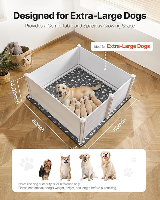 VEVOR Dogs Whelping Box, 60 x 60 x 24 inch, Plastic PVC Puppies Playpen with Height Adjustable Door and Washable Pee Pad, Anti-Deformation Indoor Puppy Play Pen for Extra Large Breed Dogs, Milk White