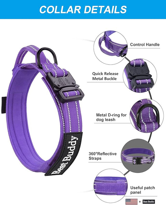 AUBELL Tactical Dog Collar and Leash Set, Adjustable Military Nylon Reflective Dog Leash and Collar with Handle and Heavy Metal Buckle for Medium Large Dogs, with Airtag Case and 2 Patches(Purple, M)