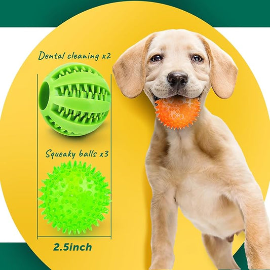2 Different Functions Interactive Balls for Dogs 2.5” Squeaky Dog Balls Toys and Puppy Teething Chew Toy Balls for Small Dogs Dog Balls for Clean Teeth and Training (5Pcs)