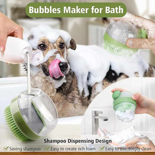 Dog Bath Scrubber Brush Pet Dog Grooming Massage Shampoo Bath Brush with Soap and Shampoo Dispenser Soft Silicone Bristle for Long Short Haired Dogs Cats Shower (GREEN)