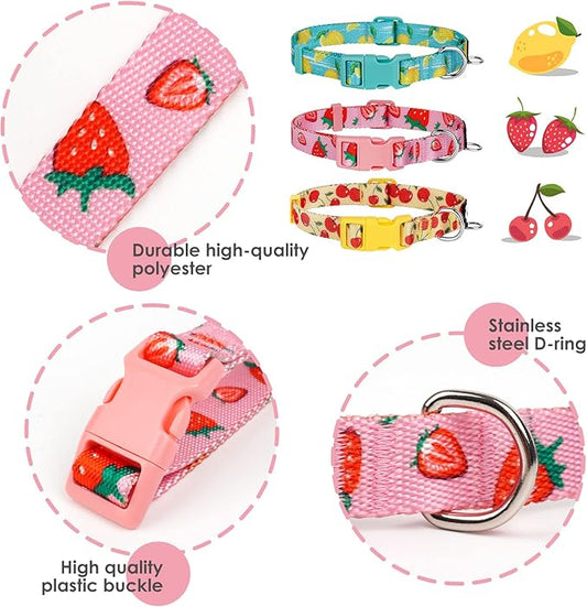 azuza 3 Pack Fruit Design Dog Collars Comfortable and Adjustable Nylon Dog Collars for Medium Dogs, M (14-20inch),Strawberry,Lemon and Cherry