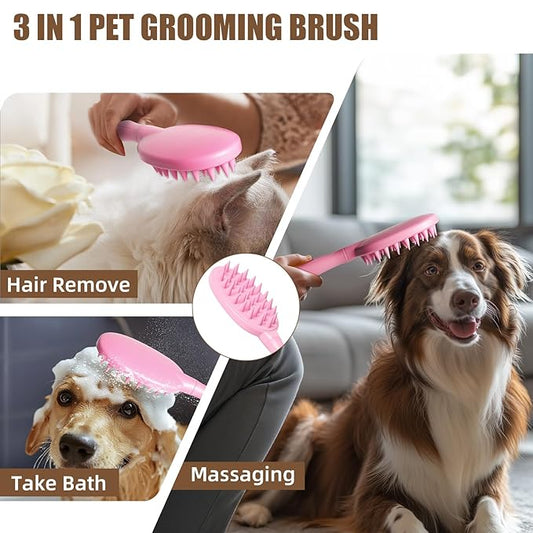 Pet Silicone Shampoo Brush for Long & Short Hair Dogs Cats, Shower Wash Curry Massage Brush