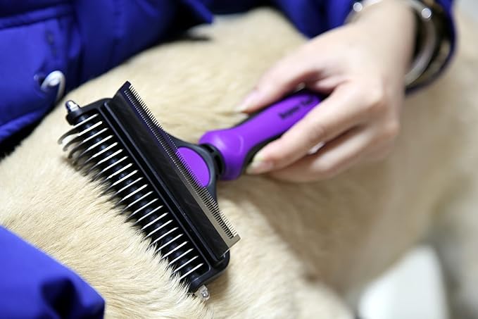 Maxpower Planet Pet Deshedding & Grooming Brush - Double Sided Design for Dogs & Cats - Undercoat Rake Effectively Reduces Shedding by Up to 95% - Large Size - Purple