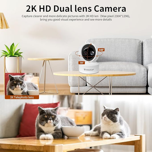 VSTARCAM Indoor Camera, 2K HD Dog/Pet Camera with Phone APP, Night Vision, 2-Way Audio, Hybrid Zoom, 2.4G WiFi Dual Monitor, 7/24 Recording, Cloud/SD Card Storage