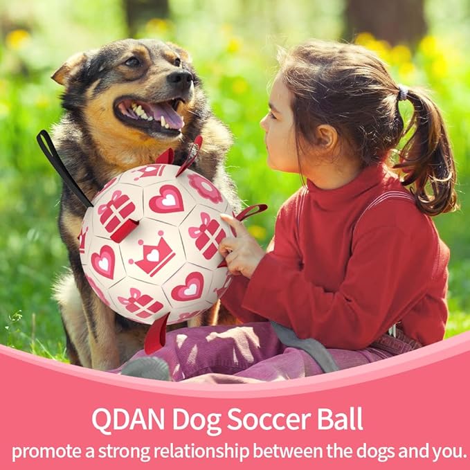 QDAN Pink Dog Toys Soccer Ball with Straps,Interactive Dog Toys for Tug of War,Valentines Gift Puppy Birthday Gifts,Dog Tug Toy,Dog Water Toy,Durable Dog Balls for Medium & Large Dogs(8 Inch)