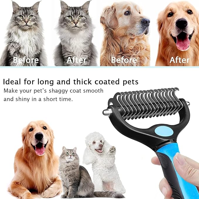 Dematting Comb for Dogs & Cats with Stainless Steel Rake Comb, Double Sided Pet Grooming Tools, Furever Brush, Cat Dematting Tool, Undercoat Rake for Small, Medium & Large Hairs Coat