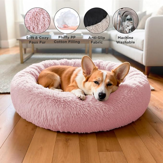Medium Donut Dog Bed, Calming Dog Bed Washable Ideal for Small to Large Dogs and Cats & Round Dog Bed,Anti-Anxiety Multiple Sizes (Pink, Combo Medium (30" L x 30" W x 8" Th))