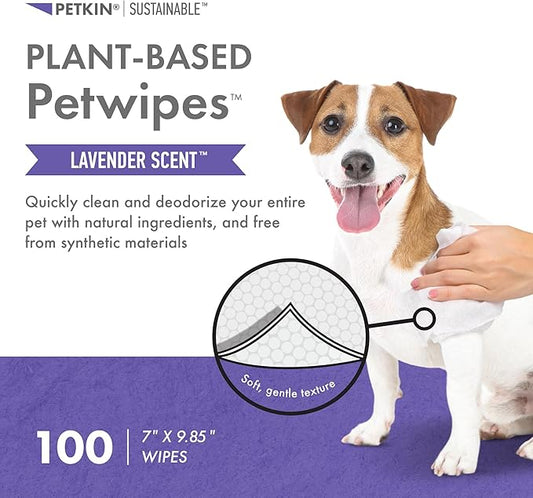 Petkin Plant-Based PetWipes, 100 Wipes - Biobased, Sustainable, Big & Thick Pet Wipes for Dogs & Cats - for Face, Paws, Ears, Body & Eye Area - Consciously Cleans & Conditions - Lavender