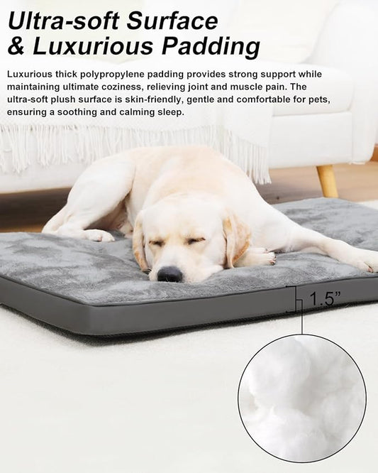 Dog Bed for Crate Washable Extra Large Dog Bed Plush Dog Kennel Pad Pet Sleeping Mat with Anti-Slip Bottom, 47x29 Inch, Grey
