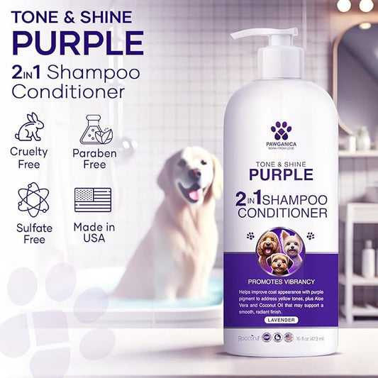 Pawganica 2-in-1 Purple Shampoo for Dogs, Supports Coat Whitening & Softness, pH-Balanced, Fur Whitening Dog Shampoo and Conditioner, Shampoo for Smelly Dogs 16 fl oz