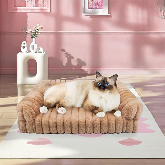 Thick Orthopedic Cat Sofa, Waterproof Supportive Foam Small Dog Sofa Bed with Washable Cover, Faux Fur Comfy Bolster Couch Pet Beds with Nonskid Bottom (Brown, 24"x18")