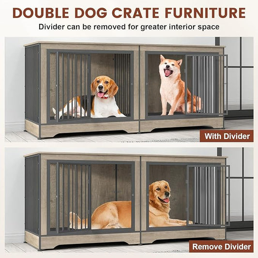 75 Inch Double Dog Crate Furniture for 2 Large Dogs with 2 Trays and Divider, 3-in-1 Grey Large Double Dog Kennel TV Stand with Adjustable Feet