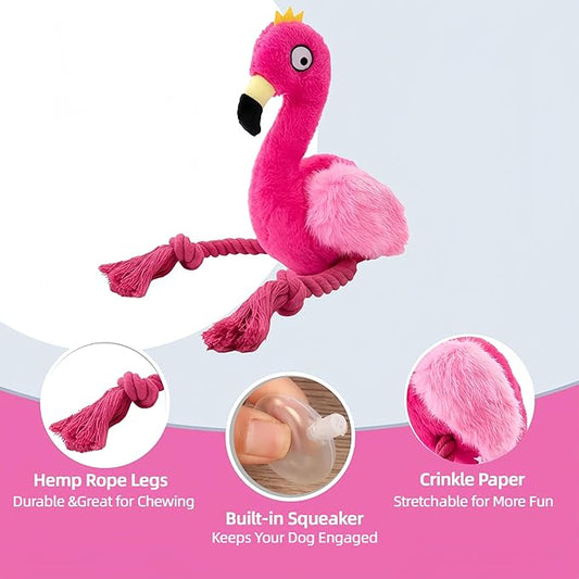 Plush Flamingo Dog Toy with Rope Legs, Pink, Interactive Squeaky Chew Toy for Small, Medium Dogs, Tug-of-War Play