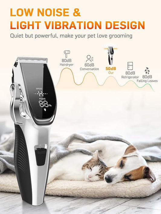 Dog Grooming Kit Low Noise Dog Clippers for Grooming Rechargeable Cordless Dog Grooming Clippers 2 Speed 6 Guards for Thick Knot Coats Pet Grooming Kit for Small Medium Large Dogs Cats (Sliver)