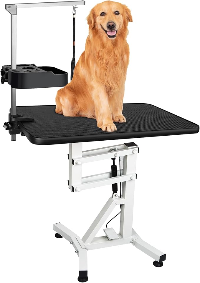 31" Dog Grooming Table, Pneumatic Lift Adjustable Small Pet Trimming Station for Home with Anti-Skid Rubber and Rotatable Desktop (Up to 50lbs)