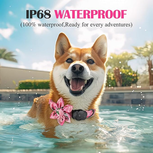 Airtag Dog Collar for Small Dogs, Rose-Pink Dog Collars Girl with AirTag Holder Waterproof Airtag Case, Including Flower Spring Dog Collar Bowtie, for All Female Dogs 