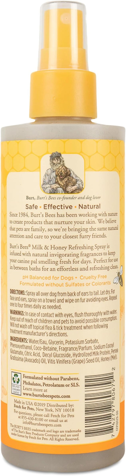 Burt's Bees for Pets Naturally Derived Deodorizing Spray for Dogs with Milk & Honey - Eliminates Dog Odors - pH Balanced for Dogs, Free from Sulfates, Colorants, and Parabens, 8 Fl Oz - 6 Pack