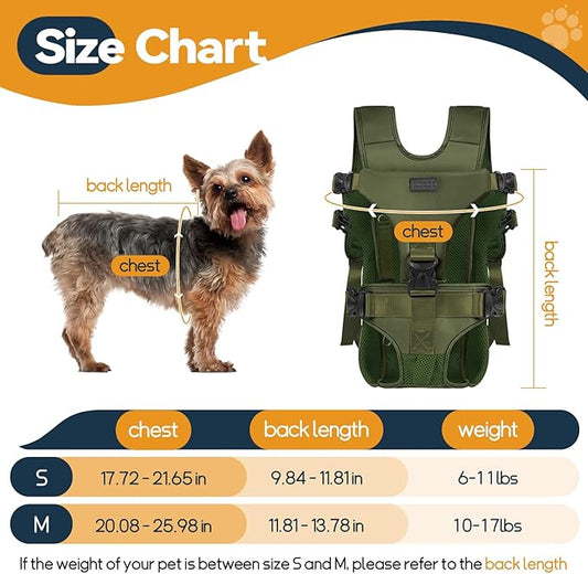 YUDODO Dog Backpack Carrier with Adjustable Safety Buckle Easy-fit Pet Dog Front Carrier for Small Medium Dog Legs Out Dog Chest Carrier for Traveling Walking Cycling (Small, Army Green)