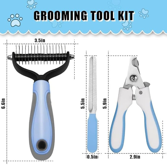 Dog & Cat Grooming Brush Combo - Double Sided Shedding and Dematting Undercoat Rake Comb for All Hair Types, Extra Wide, Blue, 2 Count